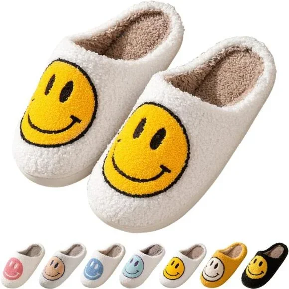 NEW Smile Face Slippers for Women – Retro Happy Face Plush Slippers, Soft & - Picture 2 of 7